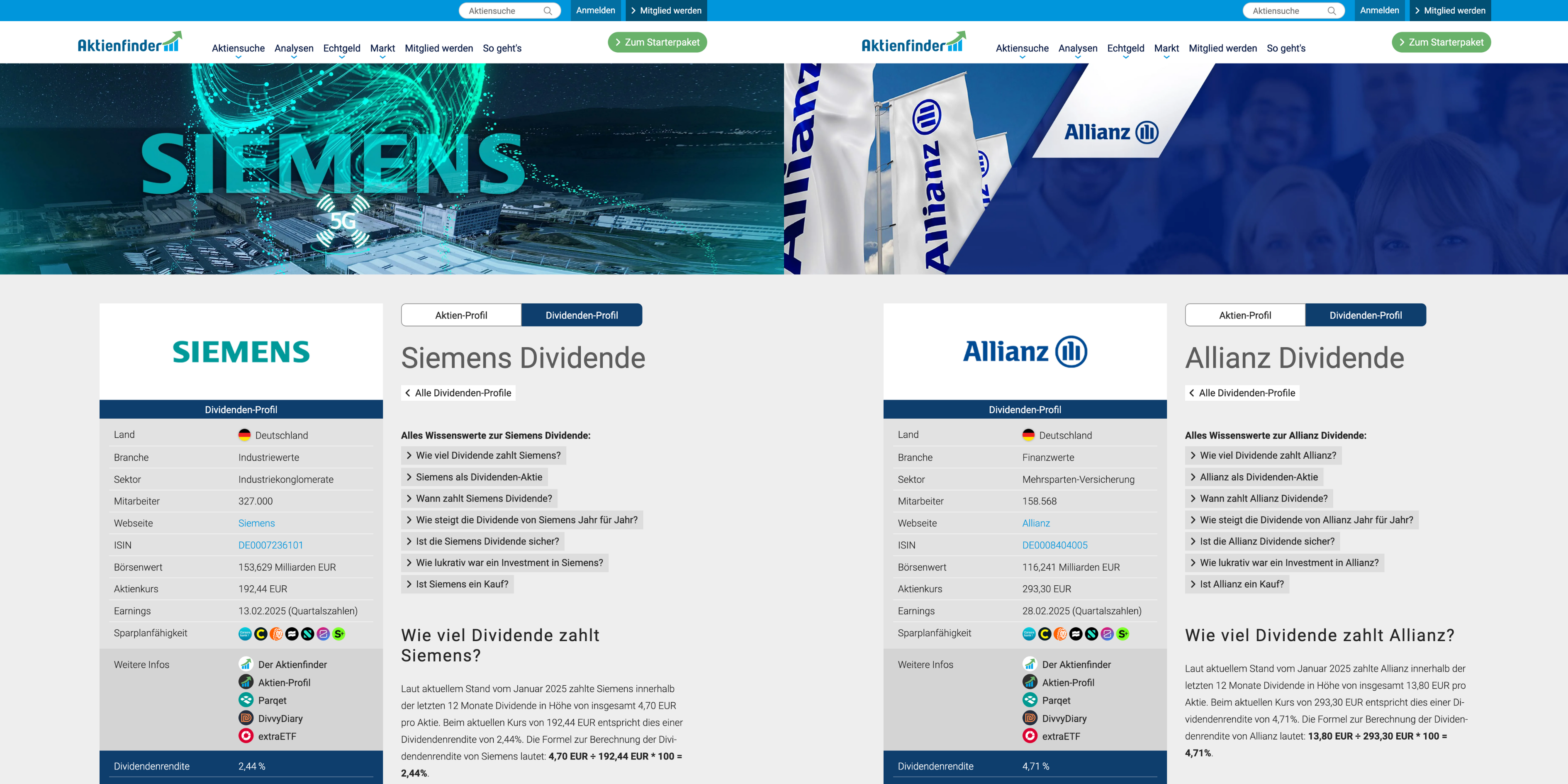 ergleich der Dividendenprofile von Siemens und Allianz: Siemens bietet eine Dividendenrendite von 2,44 % bei einem Kurs von 192,44 EUR, während Allianz eine Rendite von 4,71 % bei 293,30 EUR erzielt.