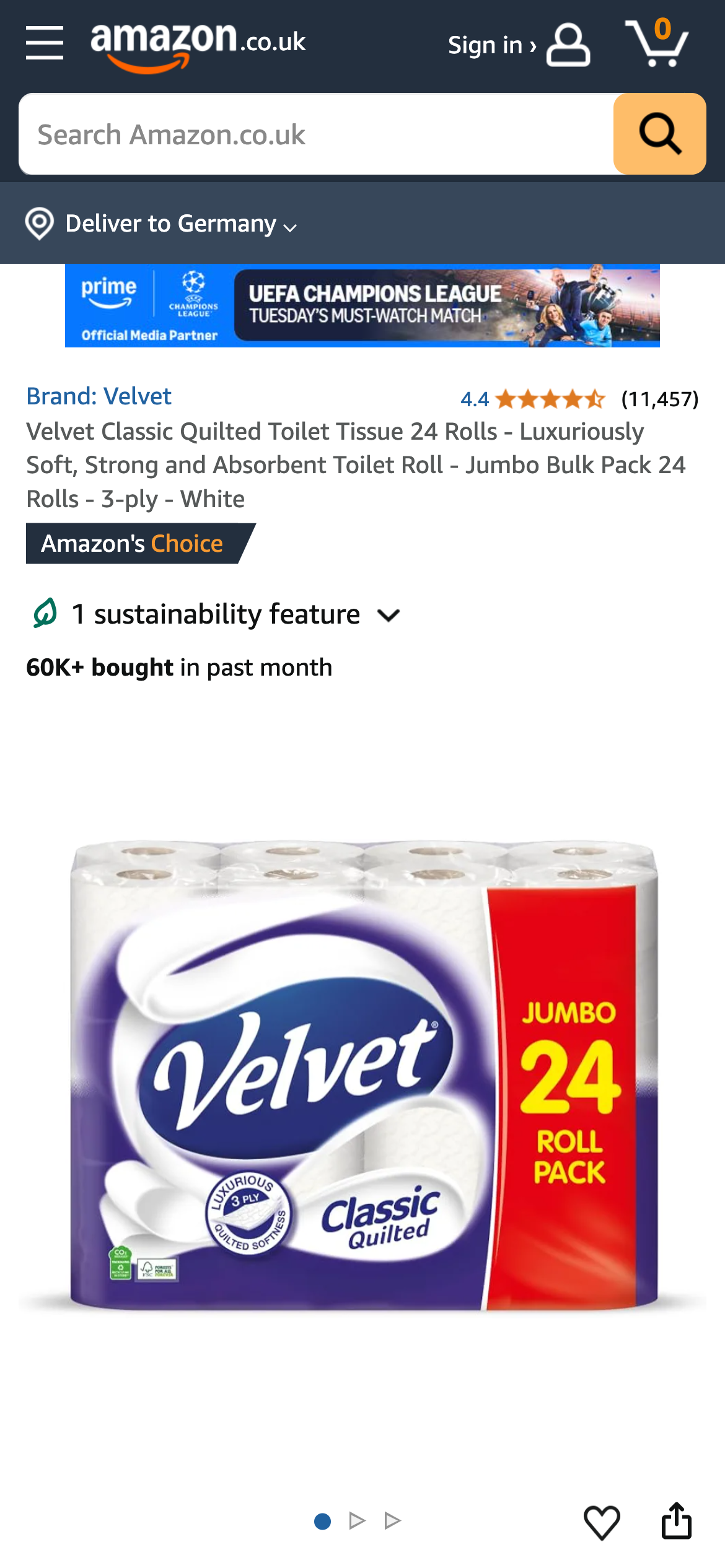 Velvet Toilettenpapier: Velvet Classic Quilted 24er-Pack Toilettenpapier auf Amazon UK.