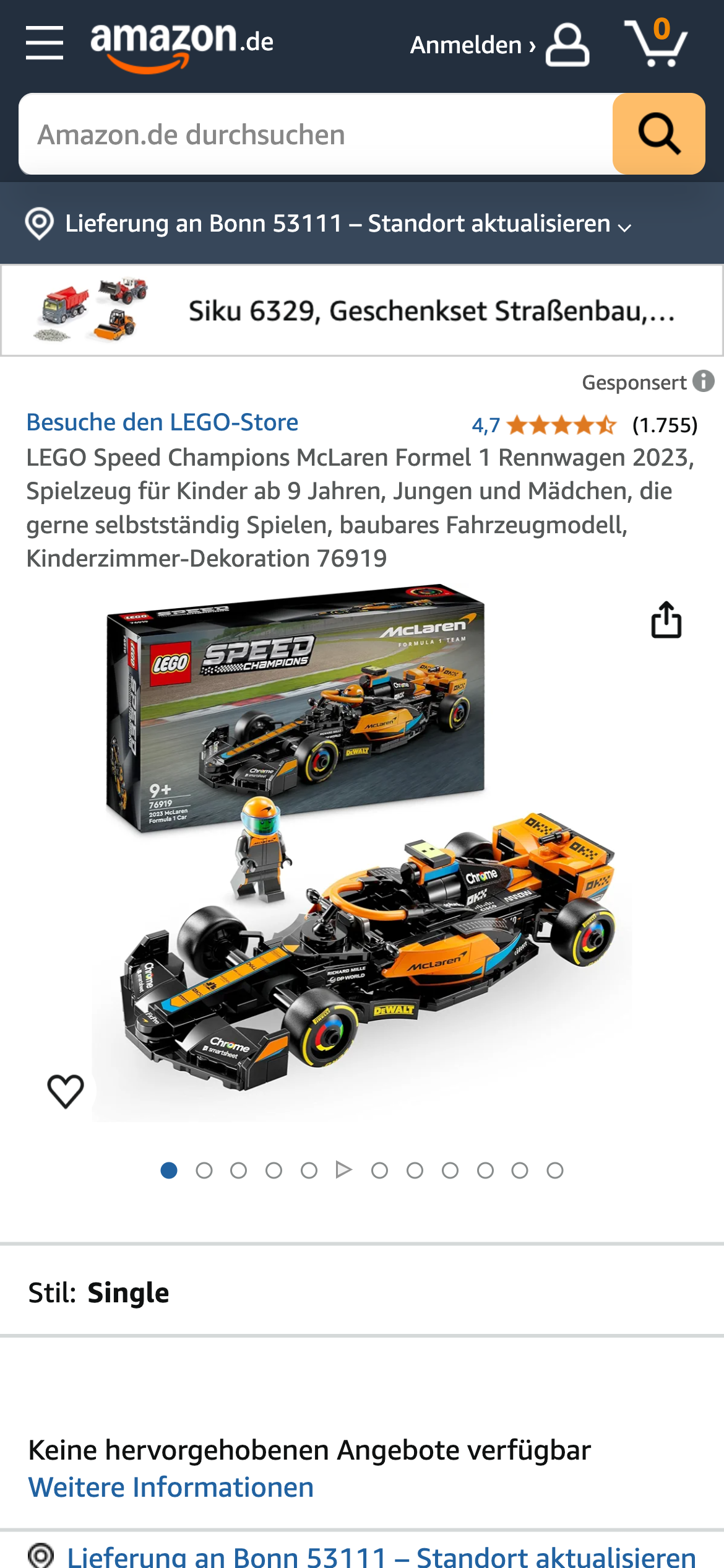 Lego Rennwagen: Lego McLaren Formel-1-Rennwagen 2023 auf Amazon DE.